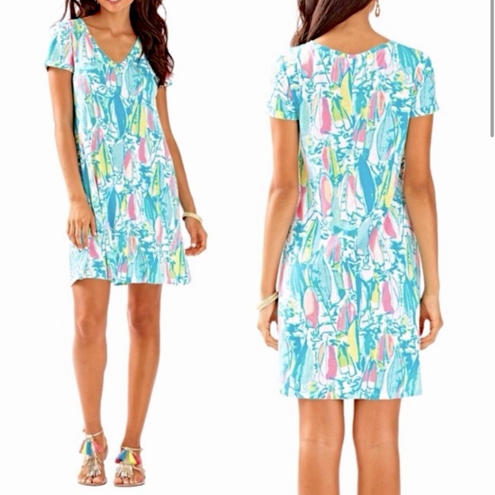 Lilly Pulitzer Size M Jessica Tee Shirt Dress Sailboat Print‎ Aqua Pink Nautical
